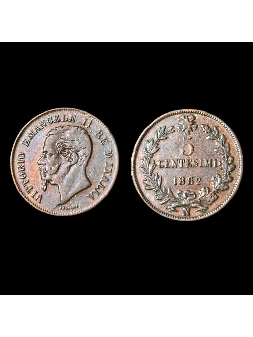 1862 N Italy 5 Centesimi,  VITTORIO EMANUELE II Copper Coin KM# 3.3 Rare